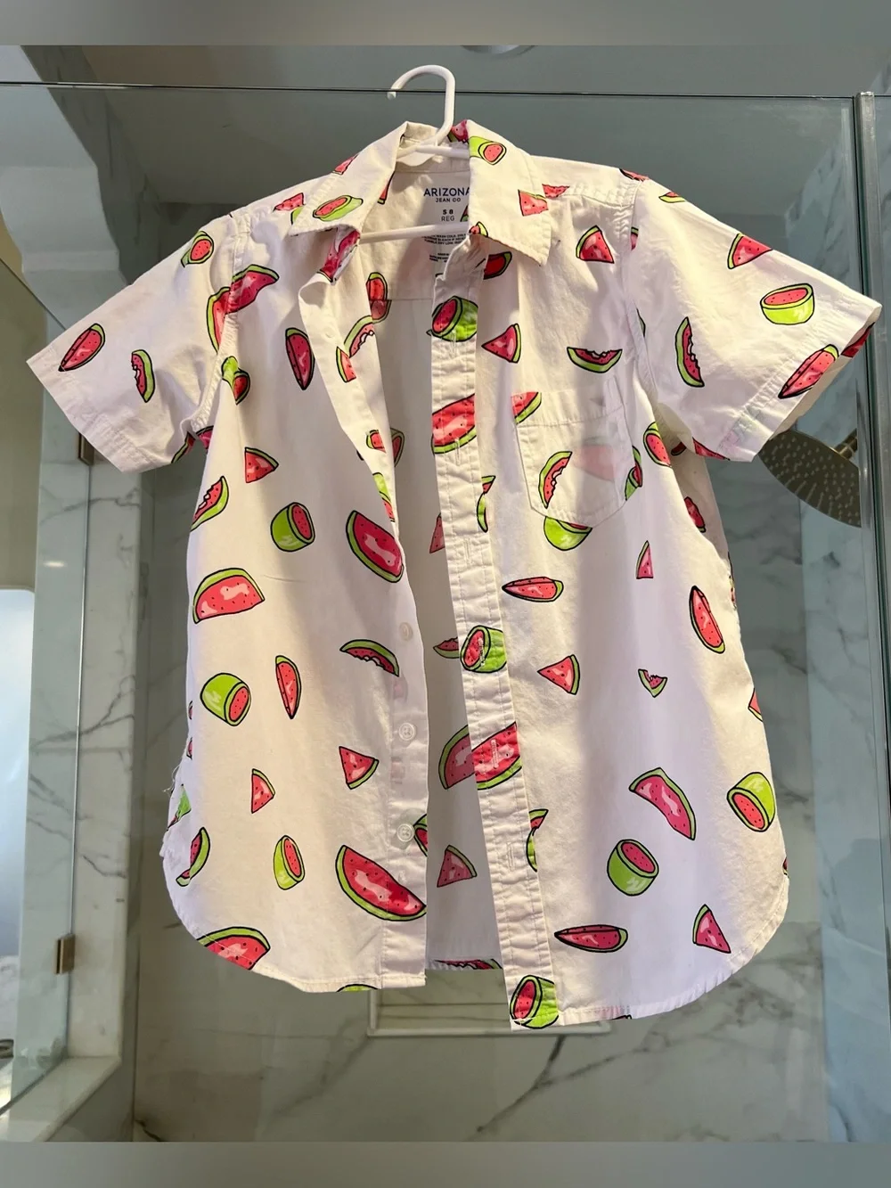 Arizona jeans co button down boys shirt  White with pink watermelon 🍉 slices and